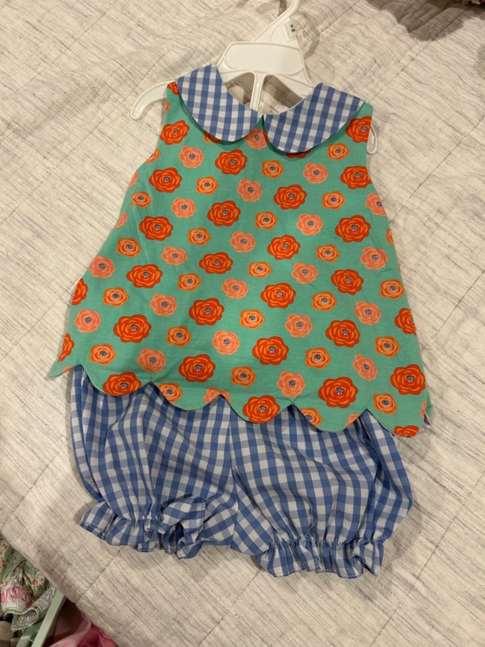 Girls Green Floral Top with Blue Gingham Collar and Bloomers
